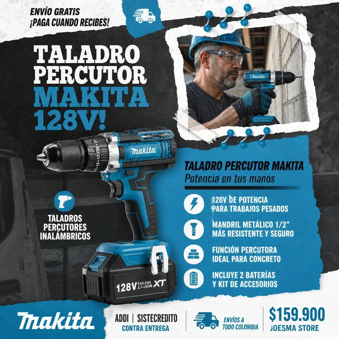 Taladro Percutor MAKITA 128V Mandril metalico 1/2" Inalambrico